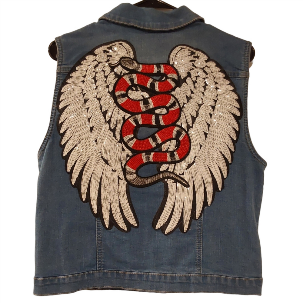 Embroidered Denim Vest with Snake and Wings Design